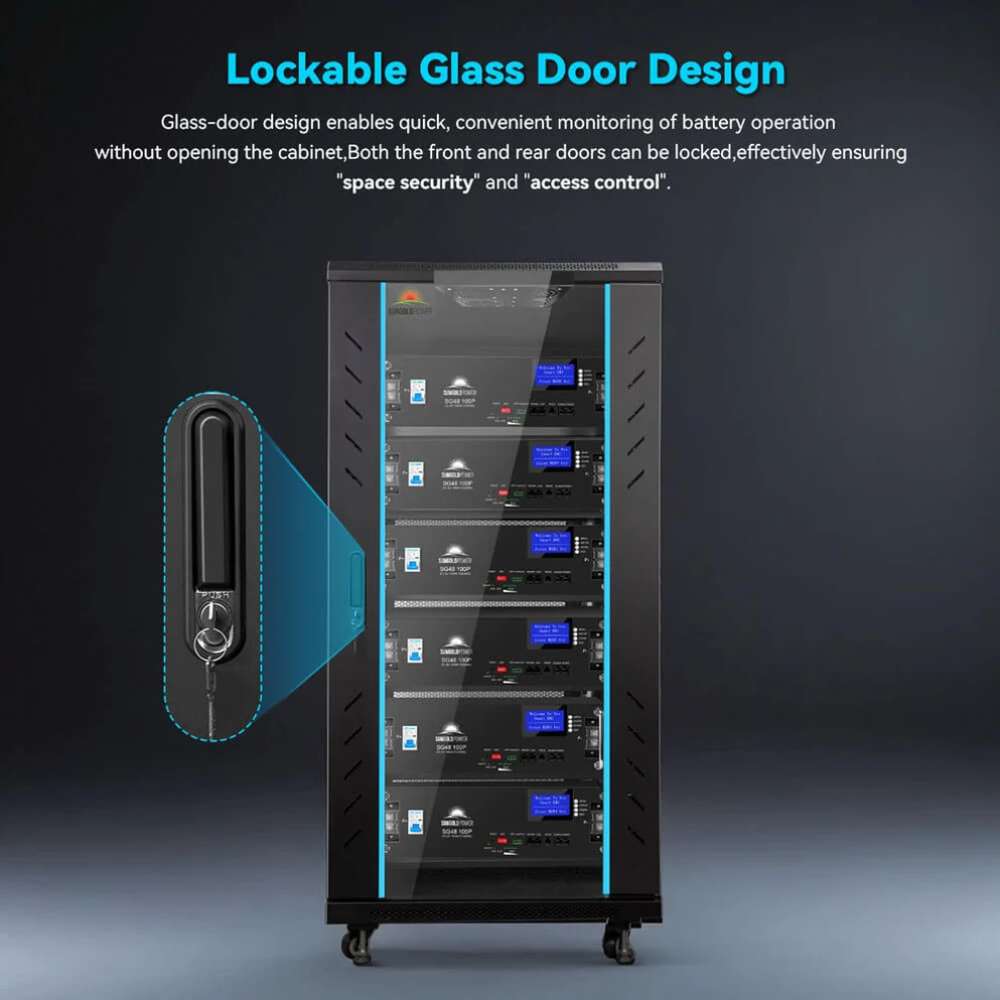 Lockable glass door on Sun Gold Power Enclosed Battery Cabinet 6 Slot with Bus Bar allows secure battery monitoring
