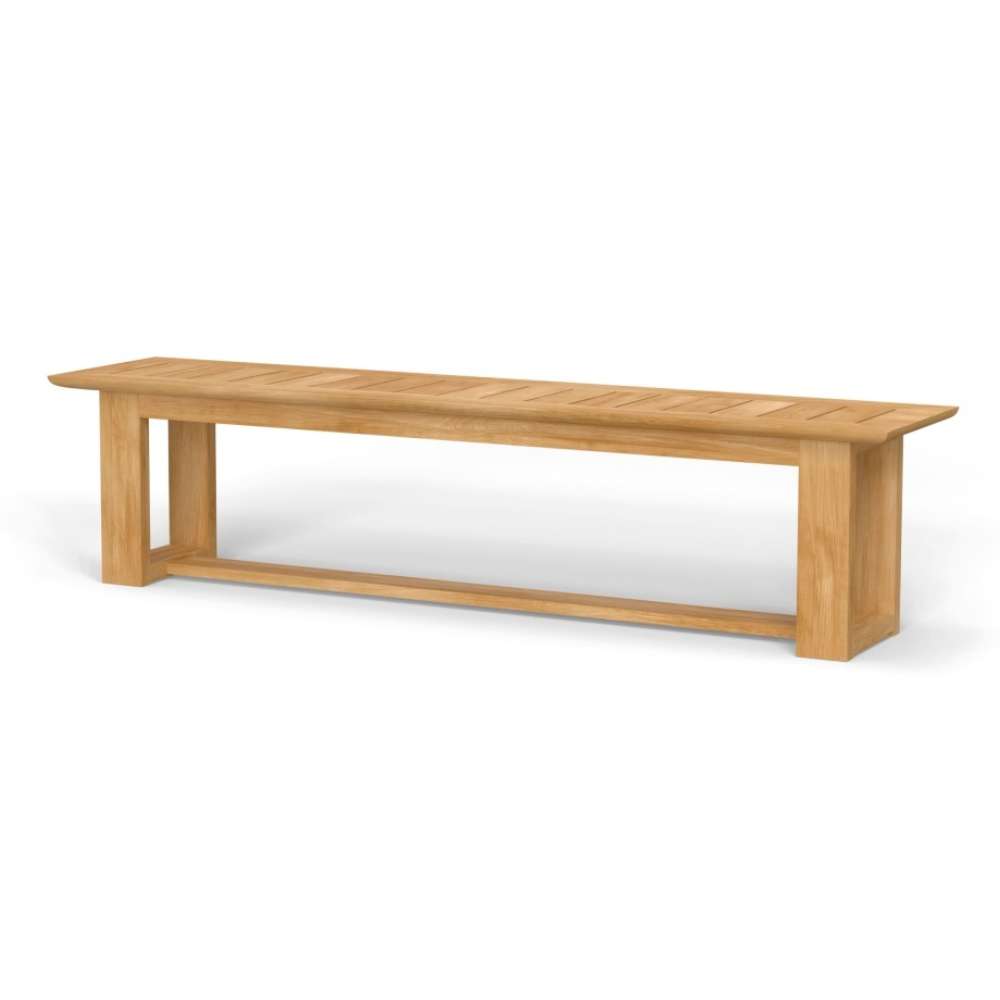 Long, rectangular wooden bench with clean lines and slatted seat design, known as Westminster Teak 6ft Horizon Teak Backless Bench, is shown against a plain background