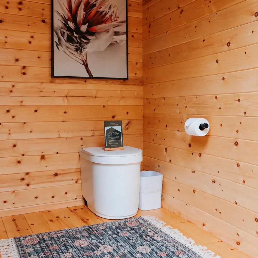 Loo Loo House bathroom interior with a white toilet beneath floral artwork, a small framed sign, wall-mounted toilet paper, a white trash bin, and a patterned fringed rug.