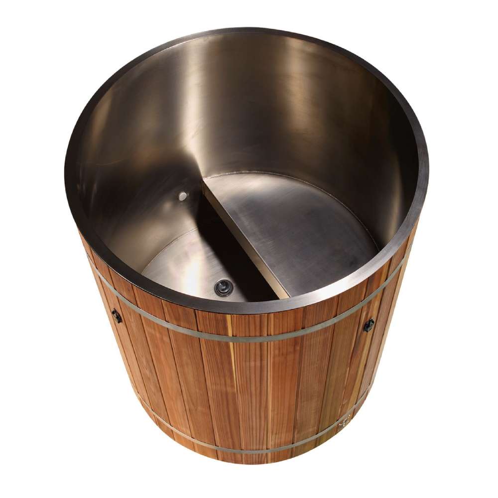 Looking down into Golden Designs Dynamic Cold Therapy Barrel 304 Stainless Steel Cold Plunge reveals a brushed stainless steel interior with a built-in seat