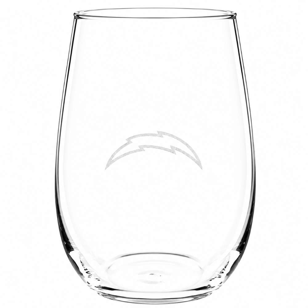 Los Angeles Chargers Crate & Barrel NFL Aspen 17oz Stemless Wine Glass, Set of 4 features a clear stemless glass etched with the Chargers lightning bolt logo