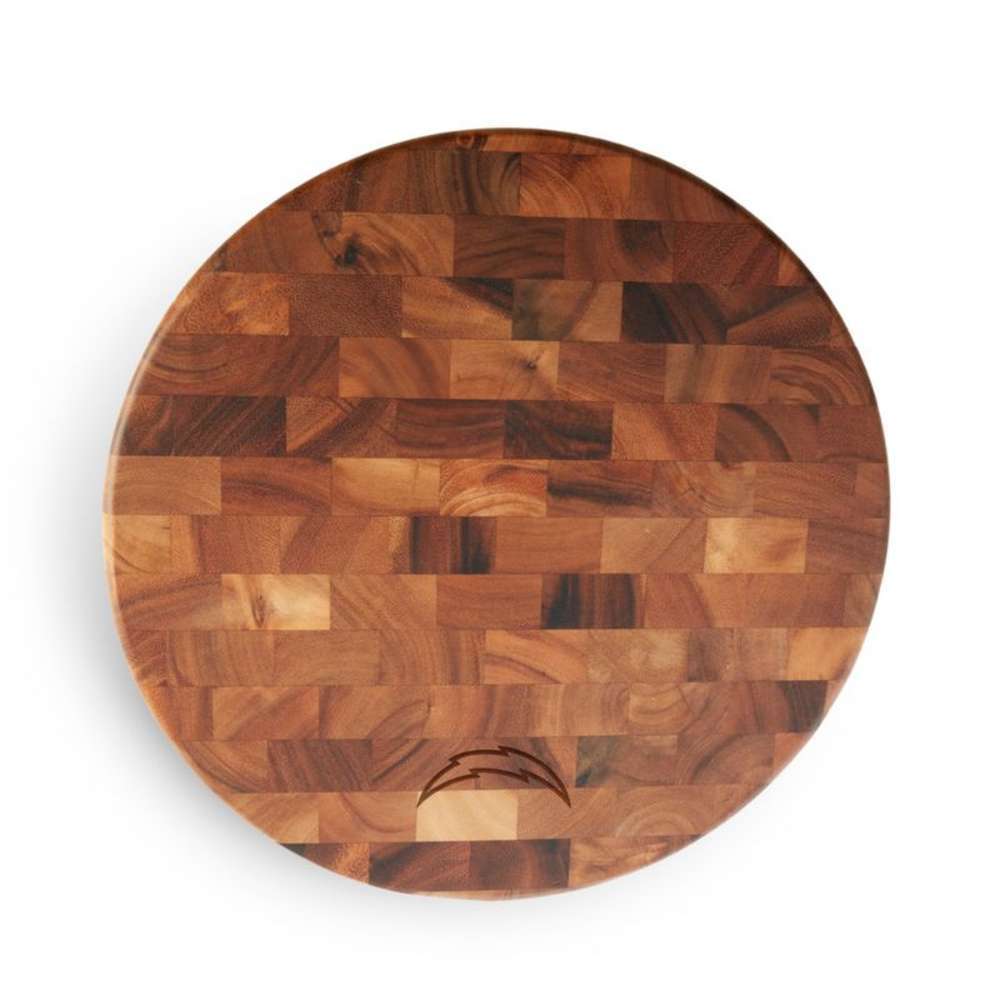 Los Angeles Chargers Crate & Barrel NFL Round End Grain Cutting Board features a round wood-block design with the Chargers lightning bolt logo near the bottom