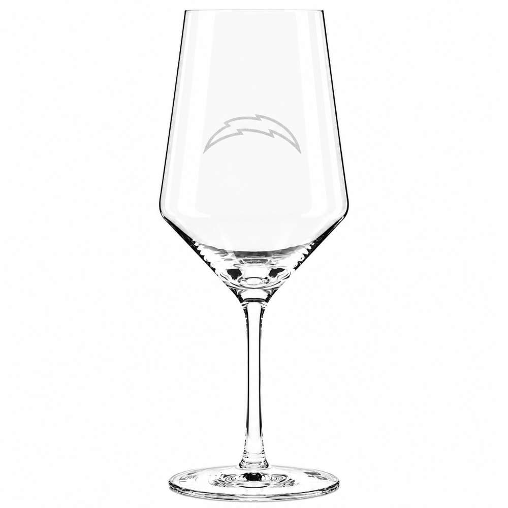 Los Angeles Chargers Crate & Barrel NFL Tour 18oz Red Wine Glass, Set of 4 featuring the Chargers lightning bolt logo etched on a clear stemmed wine glass