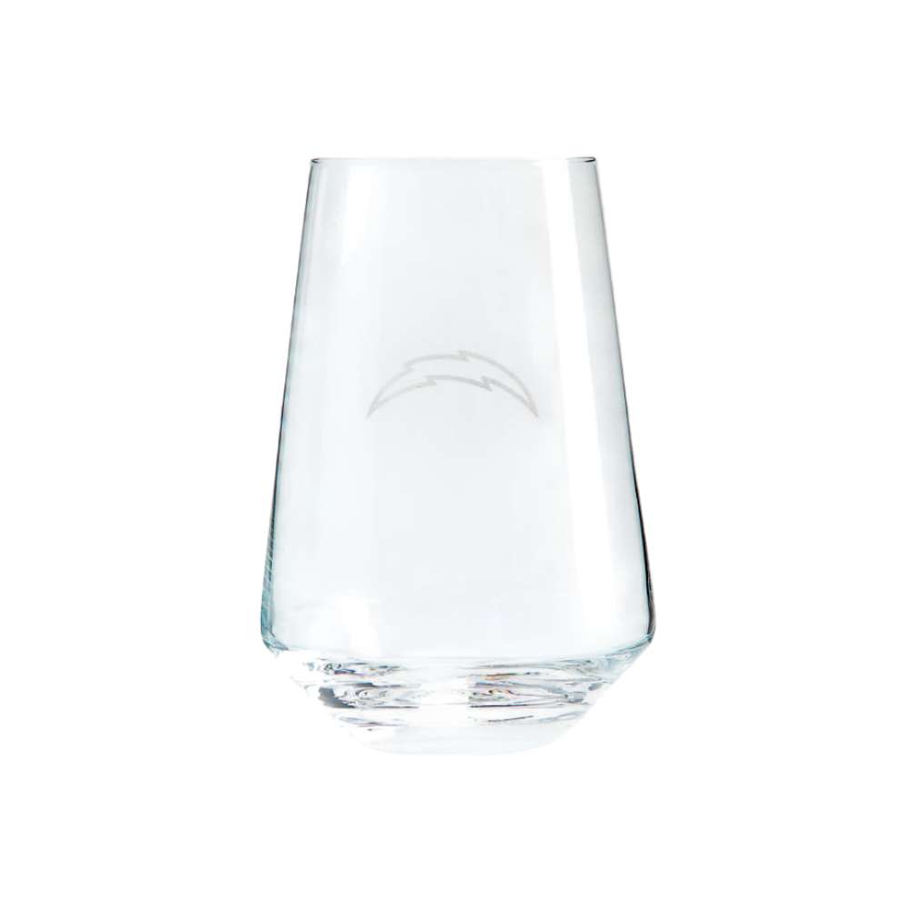 Los Angeles Chargers Crate & Barrel NFL Tour 19oz Stemless Wine Glass, Set of 4 featuring the Chargers lightning bolt logo etched on clear glass