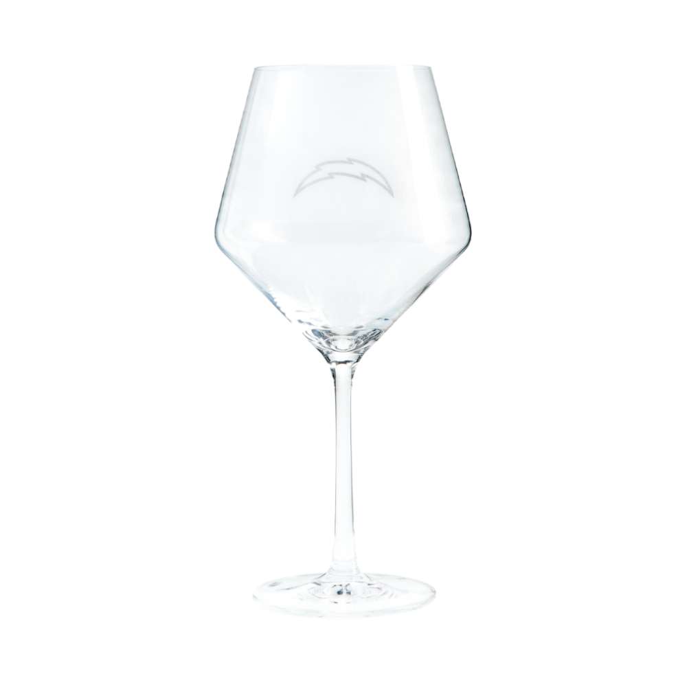 Los Angeles Chargers Crate & Barrel NFL Tour 24oz Red Wine Glass, Set of 4 featuring the Chargers lightning bolt logo etched on a clear stemmed wine glass