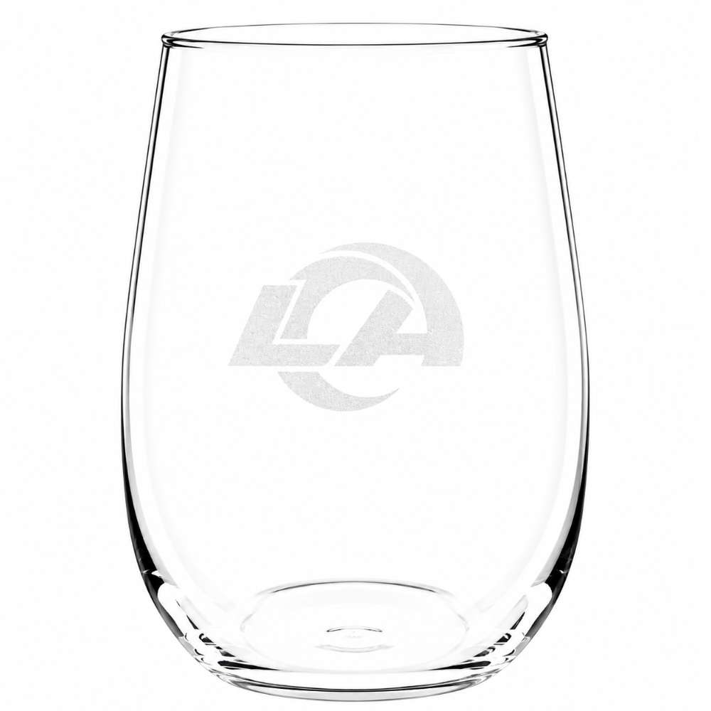 Los Angeles Rams Crate & Barrel NFL Aspen 17oz Stemless Wine Glass, Set of 4 features a clear stemless glass etched with the Rams stylized LA logo