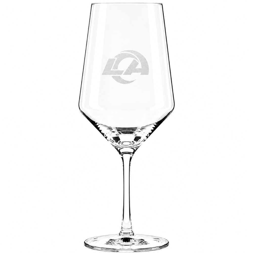 Los Angeles Rams Crate & Barrel NFL Tour 18oz Red Wine Glass, Set of 4 featuring the Rams “LA” horn logo etched on a clear stemmed wine glass
