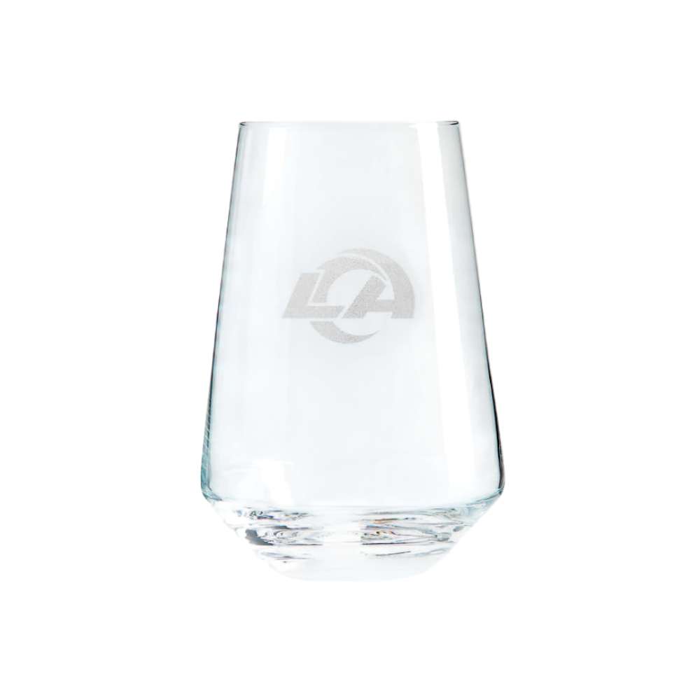 Los Angeles Rams Crate & Barrel NFL Tour 19oz Stemless Wine Glass, Set of 4 featuring the Rams stylized LA horn logo etched on clear glass