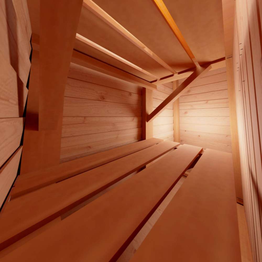 Low-angle interior view shows the underside and sturdy support brackets of the Outdoor Living Today 8ft Western Red Cedar Shed Shelves (Set of 3) inside a wooden shed