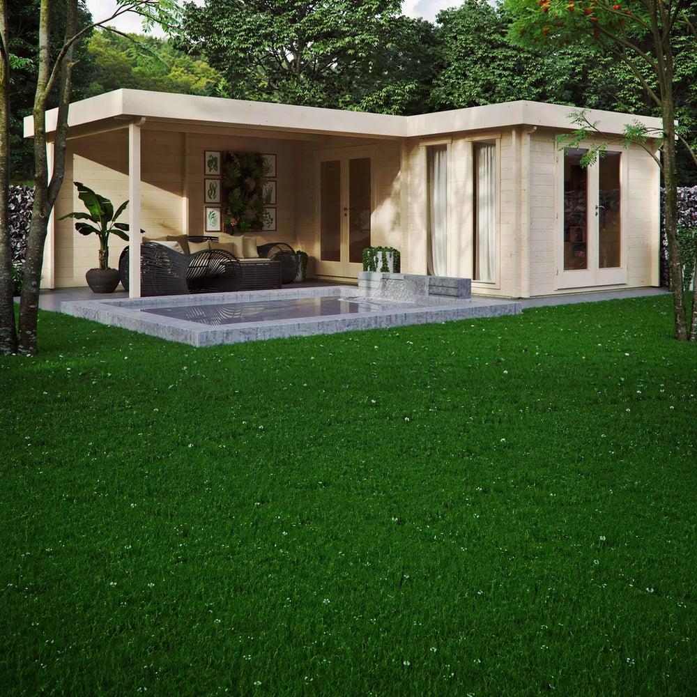 GardenHouse24 USA Luisa 70 Garden Room appears furnished with black outdoor seating and greenery, blending into a lush garden setting