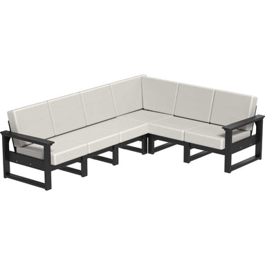 LuxCraft Lanai Deep Seating Set-Sofa_Loveseat_And Corner Unit offers a spacious black-framed sofa with beige cushions