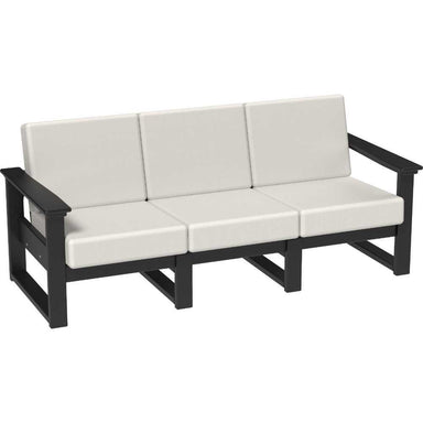 LuxCraft Lanai Deep Seating Set-Sofa_Loveseat_And Corner Unit offers a spacious black-framed sofa with beige cushions