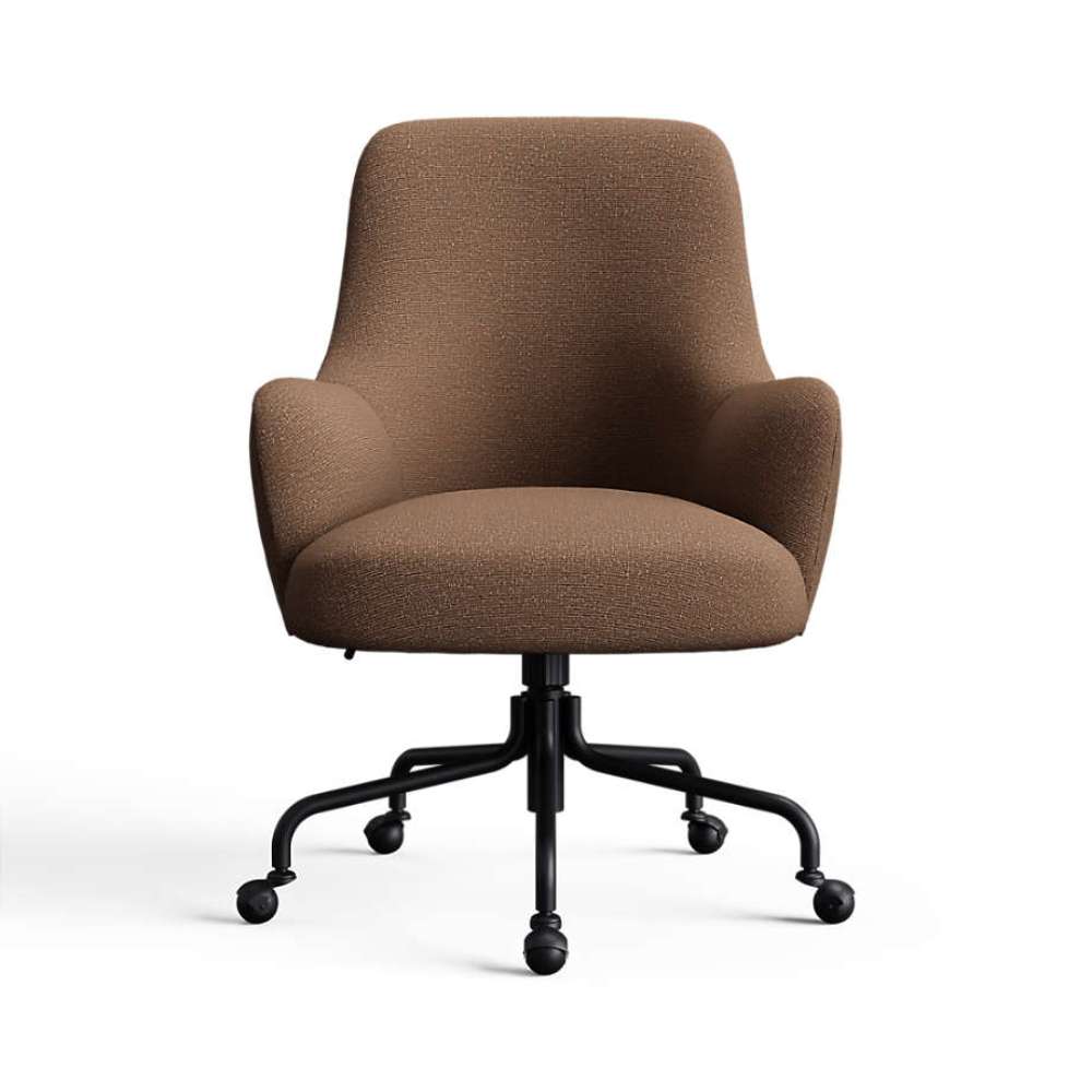 Mahogany Icon Chenille Crate & Barrel Bellevue Upholstered Office Chair in rich mahogany chenille with a padded silhouette and caster base