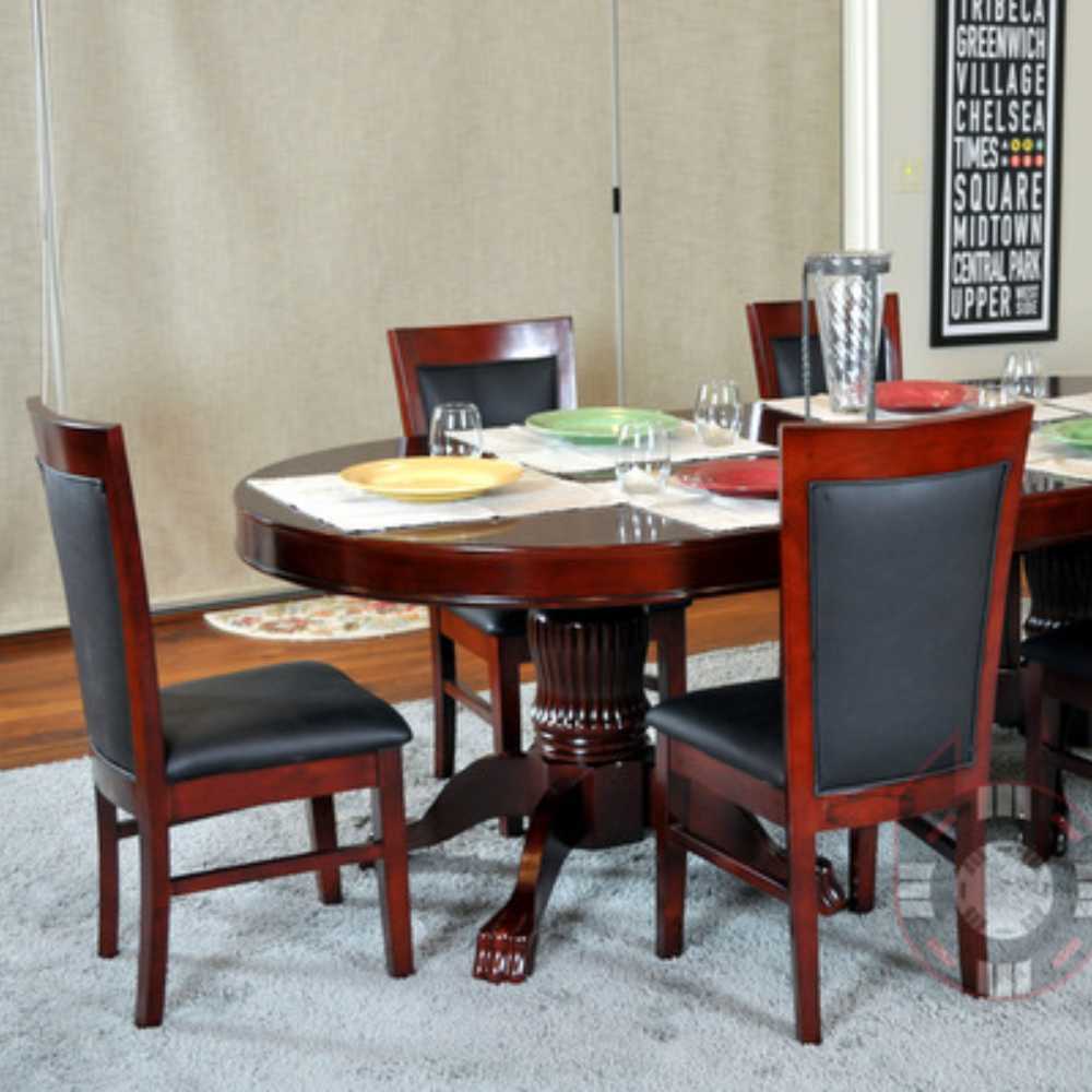 Mahogany BBO Poker Tables Dining Chair Version 2 (Set of 2) is shown with a round dining table