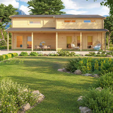 Front view of the GardenHouse24 USA Marcy 70 Garden Room shows a spacious wooden cabin with a shaded porch and hanging chairs for relaxation
