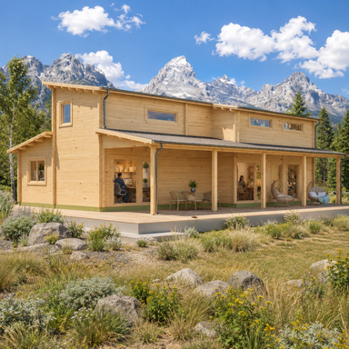 Marcy 70 home office in a sunny Wyoming meadow beneath the Teton Range.