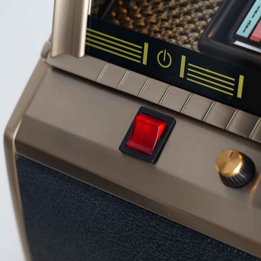 Marshall Rocket Vinyl Jukebox - Black features a power switch and sleek metallic buttons for seamless functionality