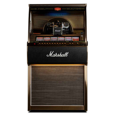 Marshall Rocket Vinyl Jukebox - Black is shown front-facing with its iconic logo and a glowing display panel