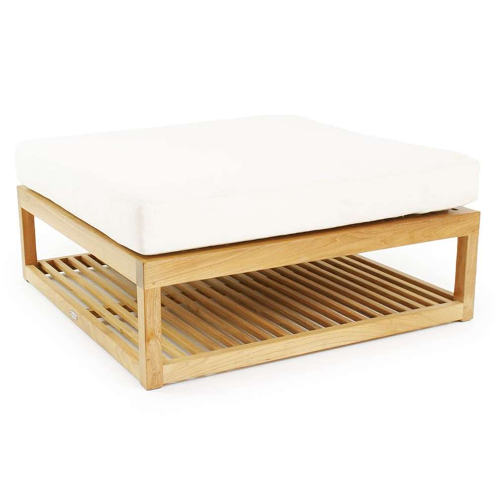 Matching ottoman from Westminster Teak Maya 6pc Lounge Sofa Set featuring a sturdy teak frame and a thick, off-white cushion on top