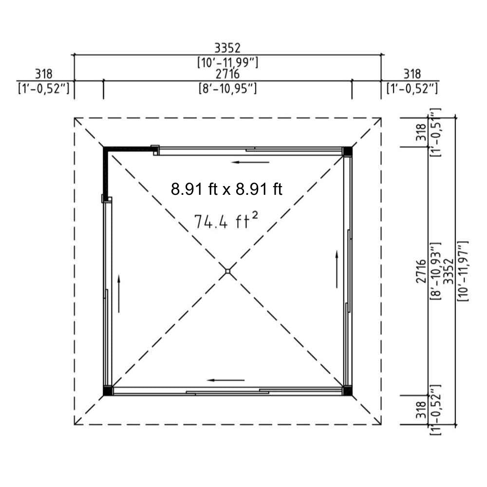 Measured top-down diagram of GardenHouse24 USA Glaspavillon ALU 44D ISO Garden Room illustrates its 74.4 square feet of internal space and exterior clearances