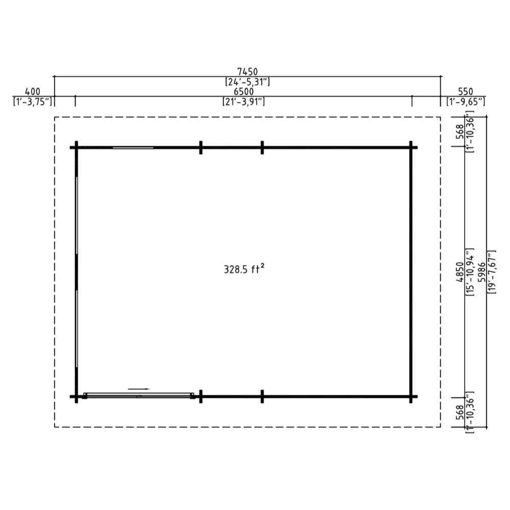 Measurement diagram showing the square footage and outer boundary of the GardenHouse24 USA Caddie 44A ALU ISO Garden Room confirms a total area of 328.5 ft²