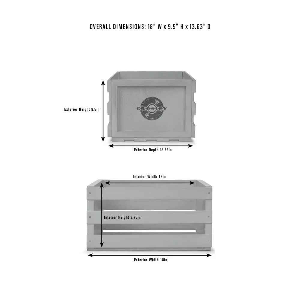 Measurements of the Crosley Record Storage Crate - Natural, with dimensions labeled in inches for width, height, and depth