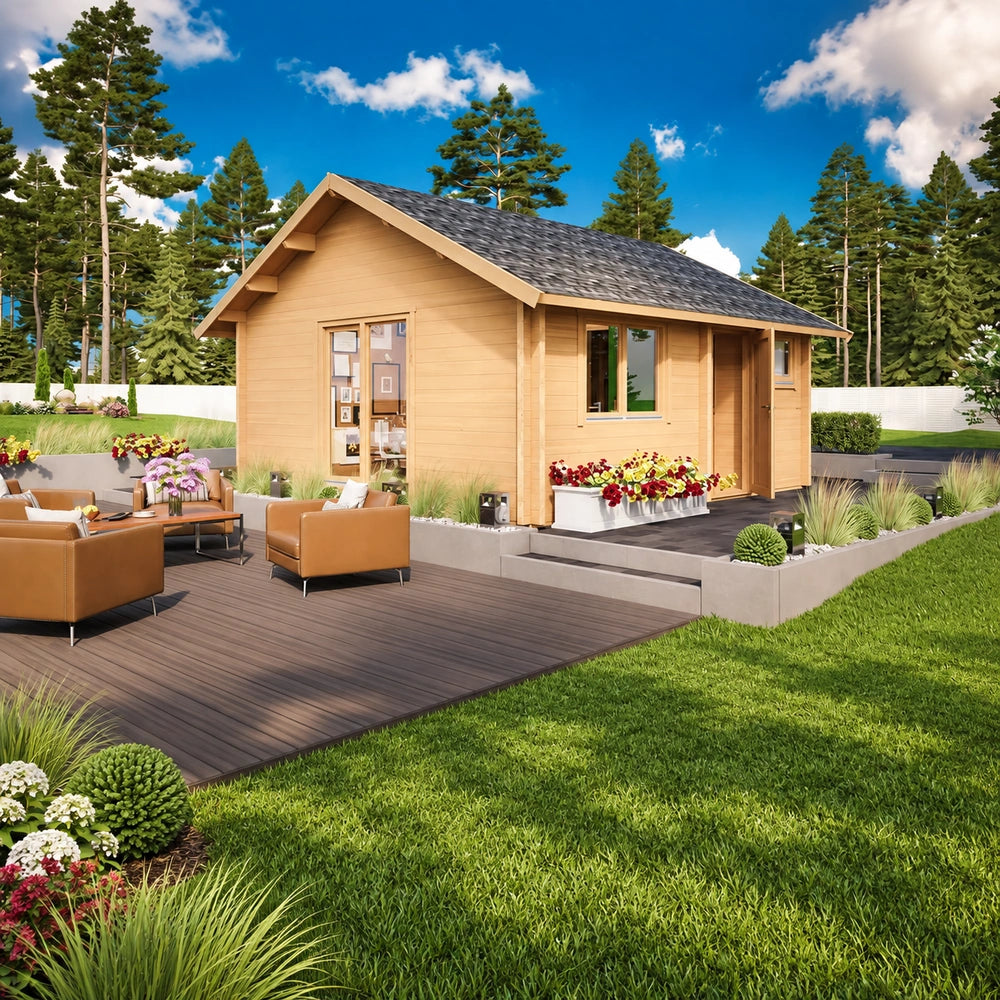 Melanie 70 wooden garden room with flower boxes and modern outdoor seating, surrounded by ornamental grasses, manicured lawn and tall pine trees.