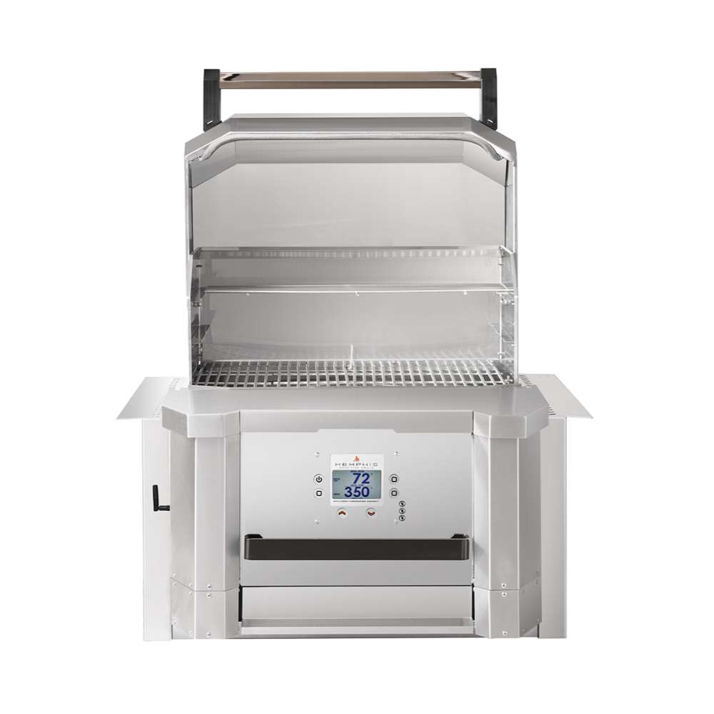 Memphis Grills Elevate™ 30 Built-In Pellet Grill is open, displaying its spacious cooking area with heavy-duty stainless steel grates