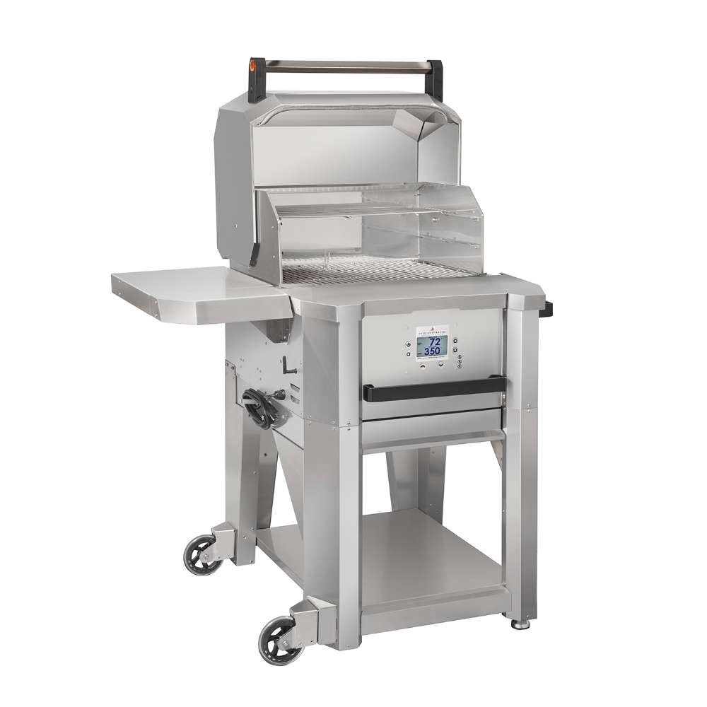 Memphis Grills Elevate™ 30 Freestanding Pellet Grill with the lid open, revealing a spacious stainless steel grilling surface with upper and lower cooking racks