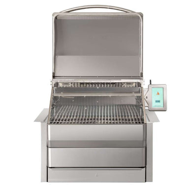 Memphis Grills Pro Built-In ITC3 is shown with its hood open, revealing a spacious grilling area and high-quality stainless steel interior