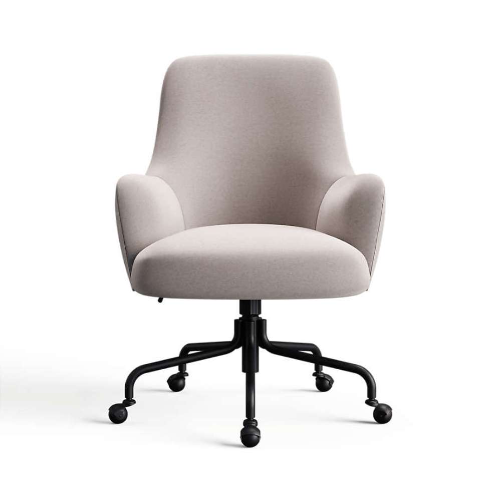Metal Covet Velvet Crate & Barrel Bellevue Upholstered Office Chair in light metal gray velvet with a curved back and rolling black base