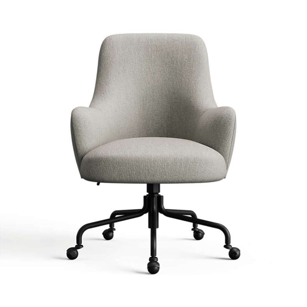 Metal Icon Chenille Crate & Barrel Bellevue Upholstered Office Chair in light gray chenille with rounded arms and a black rolling base