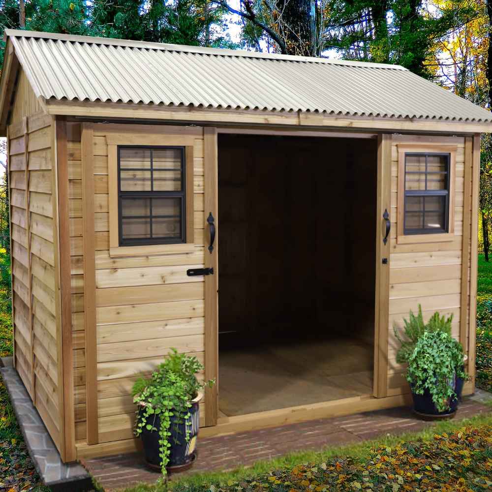 Metal Roof and Sliding Door Outdoor Living Today Large 12×8 Cabana Garden Shed with windows, a metal roof, and potted plants at the entrance