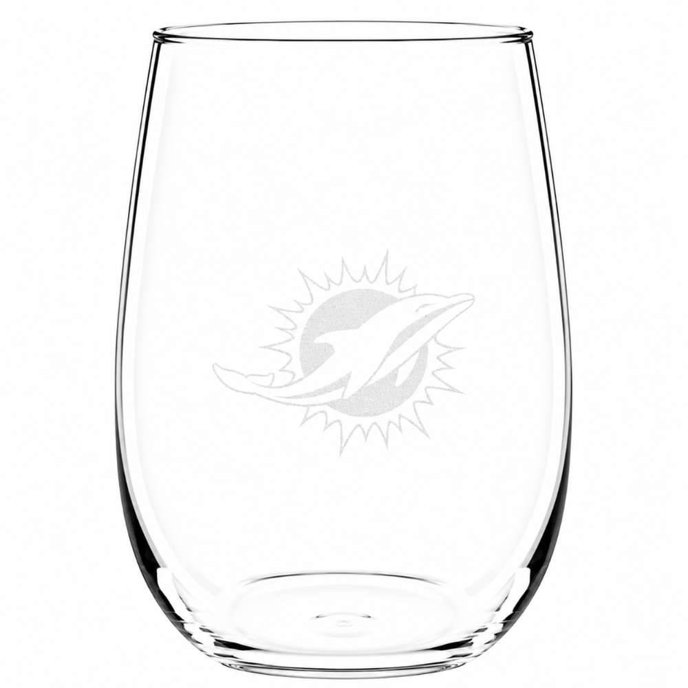 Miami Dolphins Crate & Barrel NFL Aspen 17oz Stemless Wine Glass, Set of 4 features a clear stemless glass etched with the Dolphins leaping dolphin and sun logo