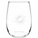 Miami Dolphins Crate & Barrel NFL Aspen 17oz Stemless Wine Glass, Set of 4 features a clear stemless glass etched with the Dolphins leaping dolphin and sun logo