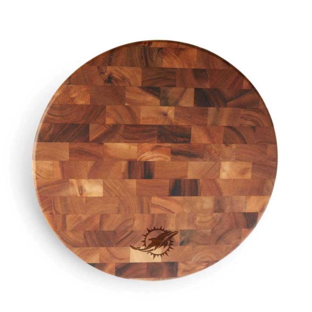 Miami Dolphins Crate & Barrel NFL Round End Grain Cutting Board features a round wood-block design with the Dolphins logo near the bottom