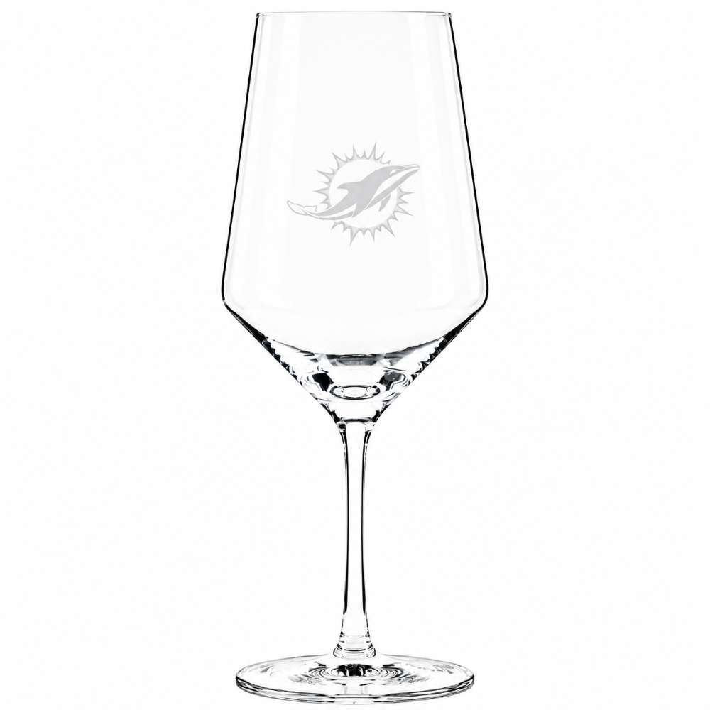 Miami Dolphins Crate & Barrel NFL Tour 18oz Red Wine Glass, Set of 4 featuring the Dolphins leaping dolphin and sun logo etched on a clear stemmed wine glass