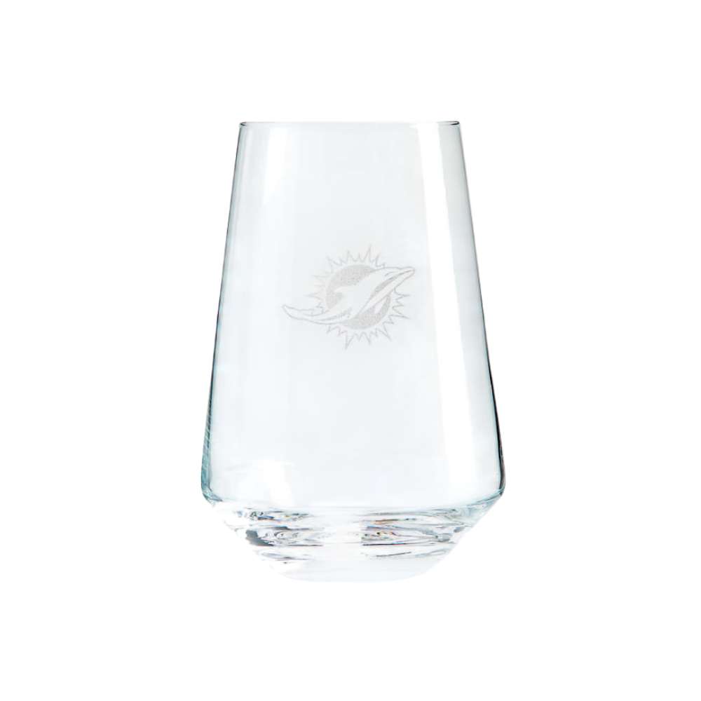 Miami Dolphins Crate & Barrel NFL Tour 19oz Stemless Wine Glass, Set of 4 featuring the Dolphins leaping dolphin and sun logo etched on clear glass