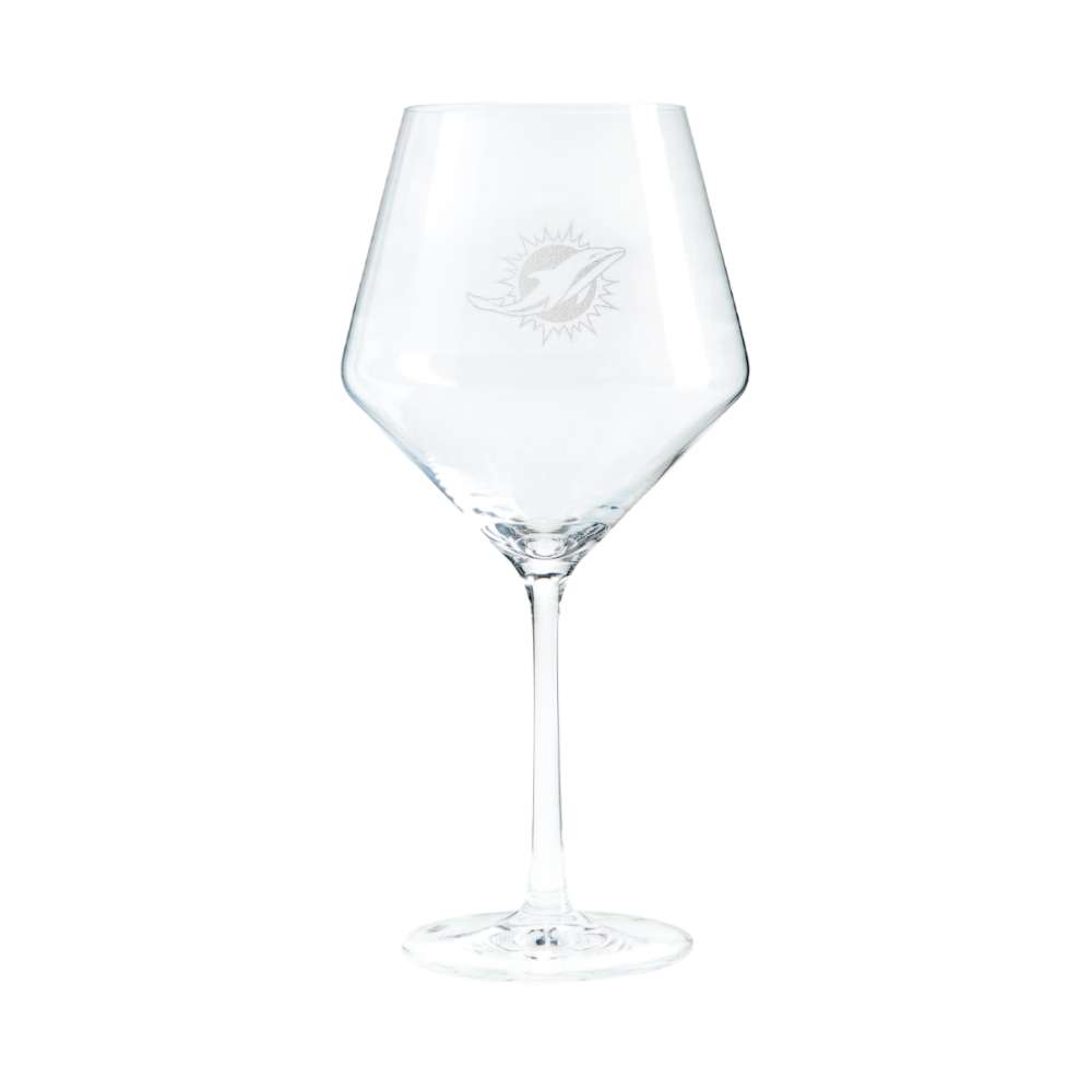 Miami Dolphins Crate & Barrel NFL Tour 24oz Red Wine Glass, Set of 4 featuring the Dolphins leaping dolphin and sun logo etched on a clear stemmed wine glass