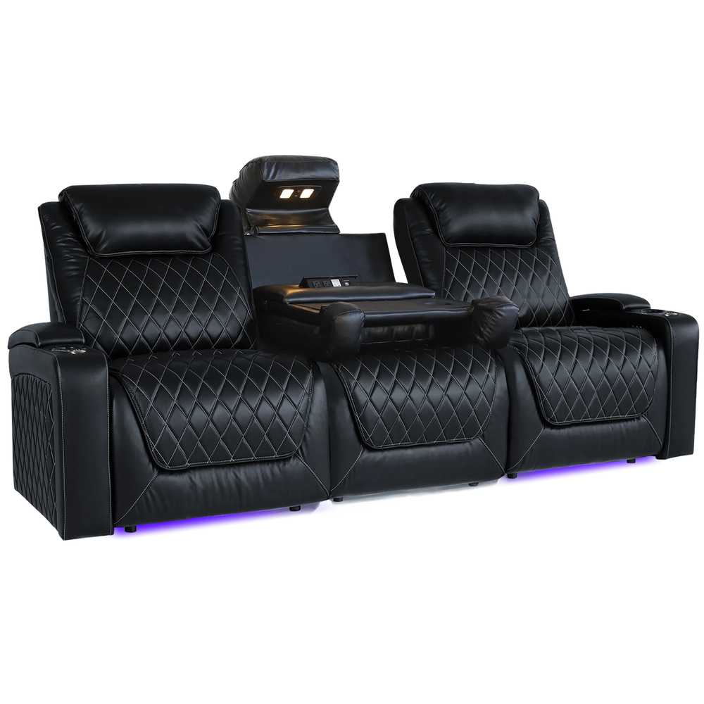 Midnight Black Valencia Oslo XL Console Edition Home Theater Seating Row of 3 Dropdown Center Width 91 Height 45 Depth 38