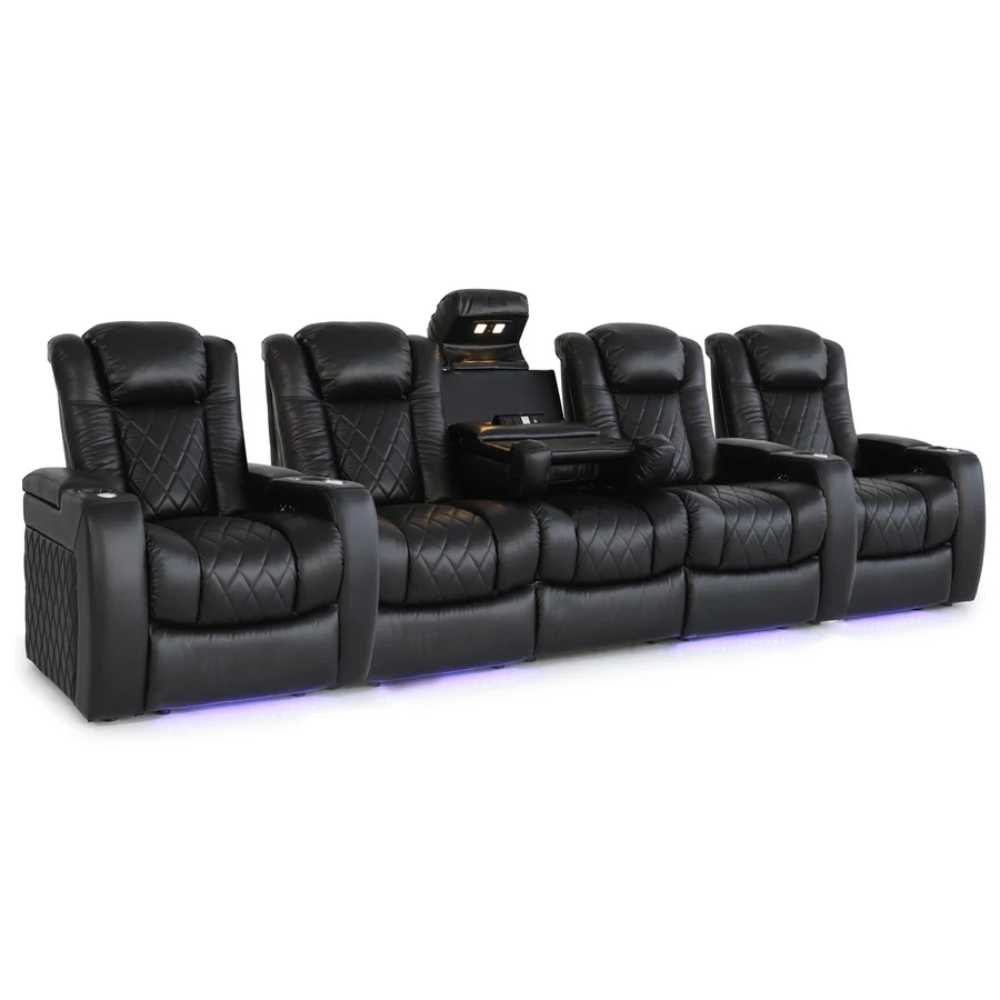 Midnight Black Valencia Tuscany Console Edition Home Theater Seating Row of 5 Dropdown Center Width 147 Height 42.75 Depth 38.5