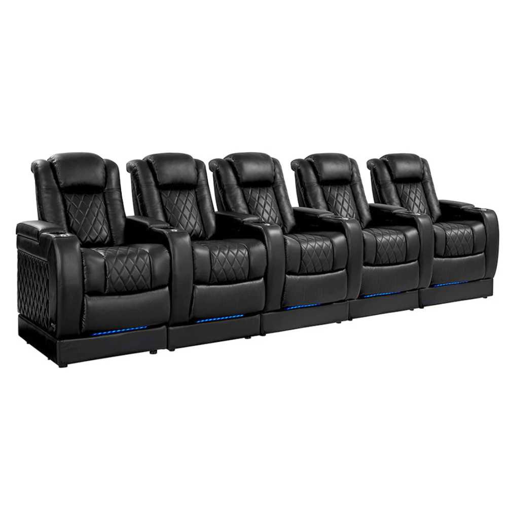 Midnight Black Valencia Tuscany Theater Seating with Risers Row of 5 Width 160.5” Height 50.5” Depth 39.75”