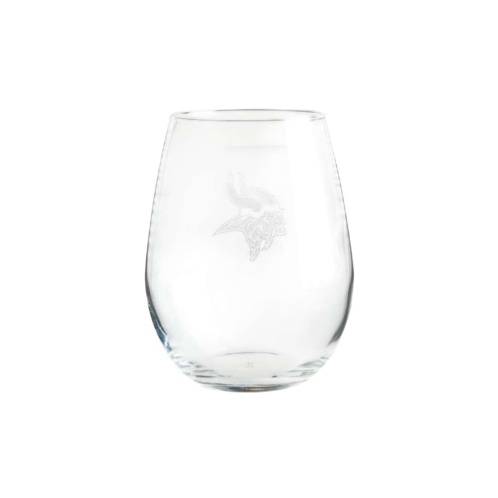 Minnesota Vikings Crate & Barrel NFL Aspen 11.75oz Stemless Wine Glass, Set of 4 featuring an etched Viking head logo on clear glass