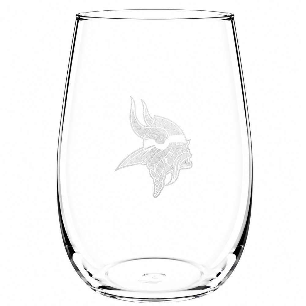 Minnesota Vikings Crate & Barrel NFL Aspen 17oz Stemless Wine Glass, Set of 4 features a clear stemless glass etched with the Vikings horned warrior-head logo