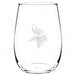 Minnesota Vikings Crate & Barrel NFL Aspen 17oz Stemless Wine Glass, Set of 4 features a clear stemless glass etched with the Vikings horned warrior-head logo