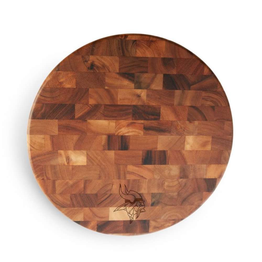 Minnesota Vikings Crate & Barrel NFL Round End Grain Cutting Board features a round wood-block design with the Vikings head logo near the bottom