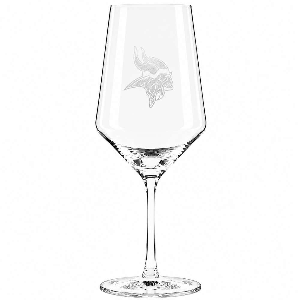 Minnesota Vikings Crate & Barrel NFL Tour 18oz Red Wine Glass, Set of 4 featuring the Vikings horned warrior-head logo etched on a clear stemmed wine glass