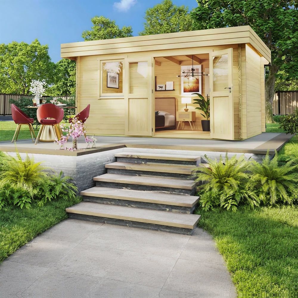 With open doors and visible indoor decor, the GardenHouse24 USA Miriam 44A Classic Garden Room appears warm and inviting in a landscaped backyard