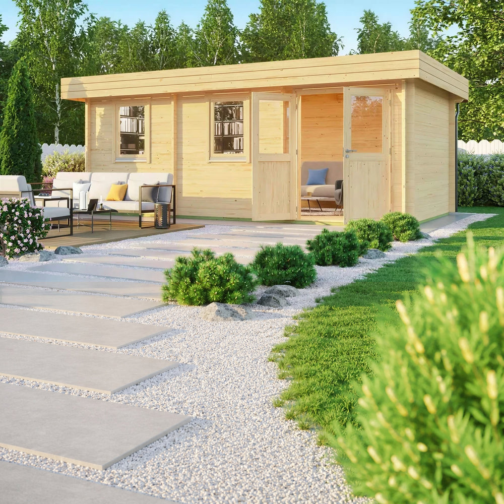 GardenHouse24 USA Miriam 44C Classic Garden Room is pictured with an inviting outdoor patio and open double doors leading inside