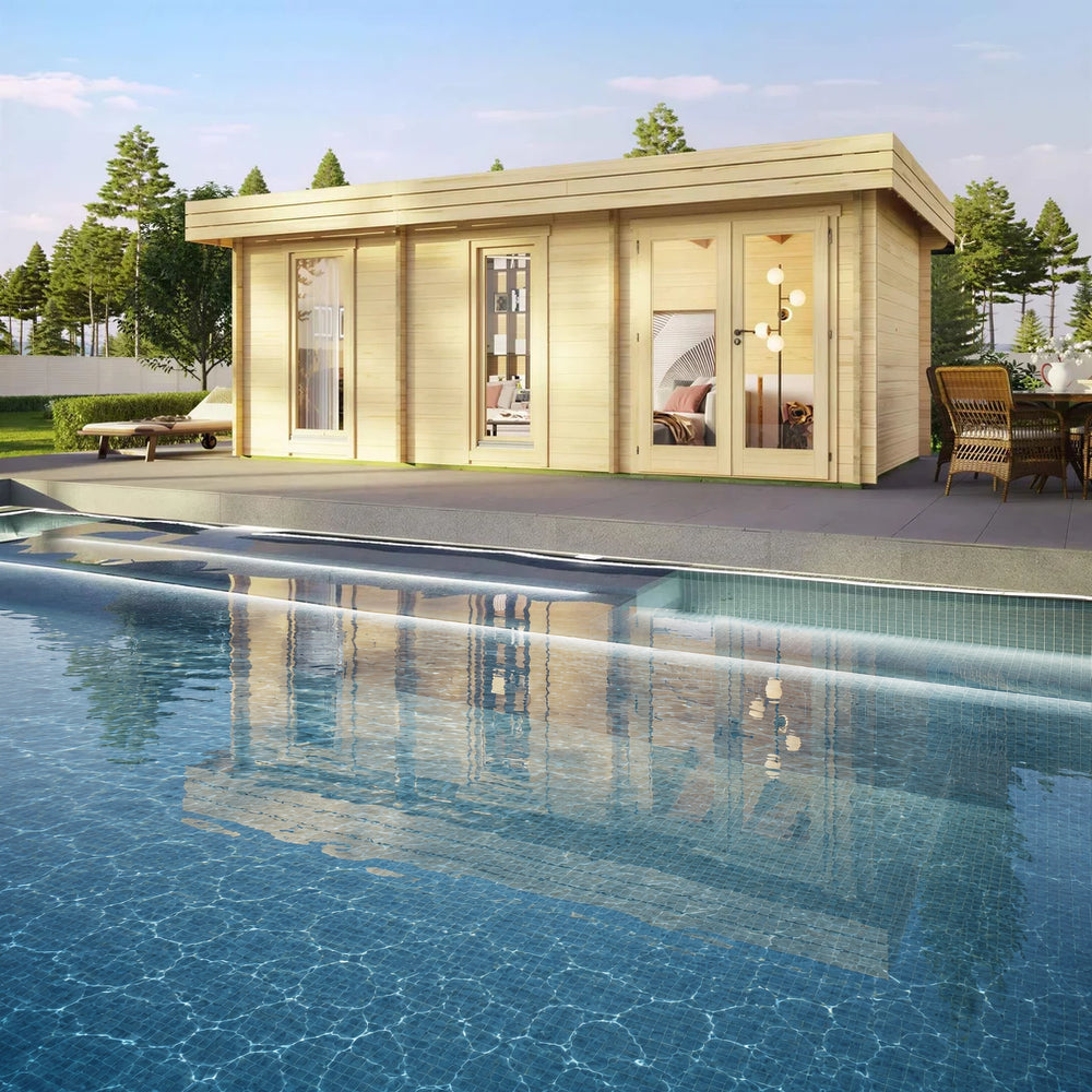 An outdoor photo of the GardenHouse24 USA Miriam 44C Modern Garden Room placed beside a pool, with sunlight reflecting off its natural wood exterior and large windows